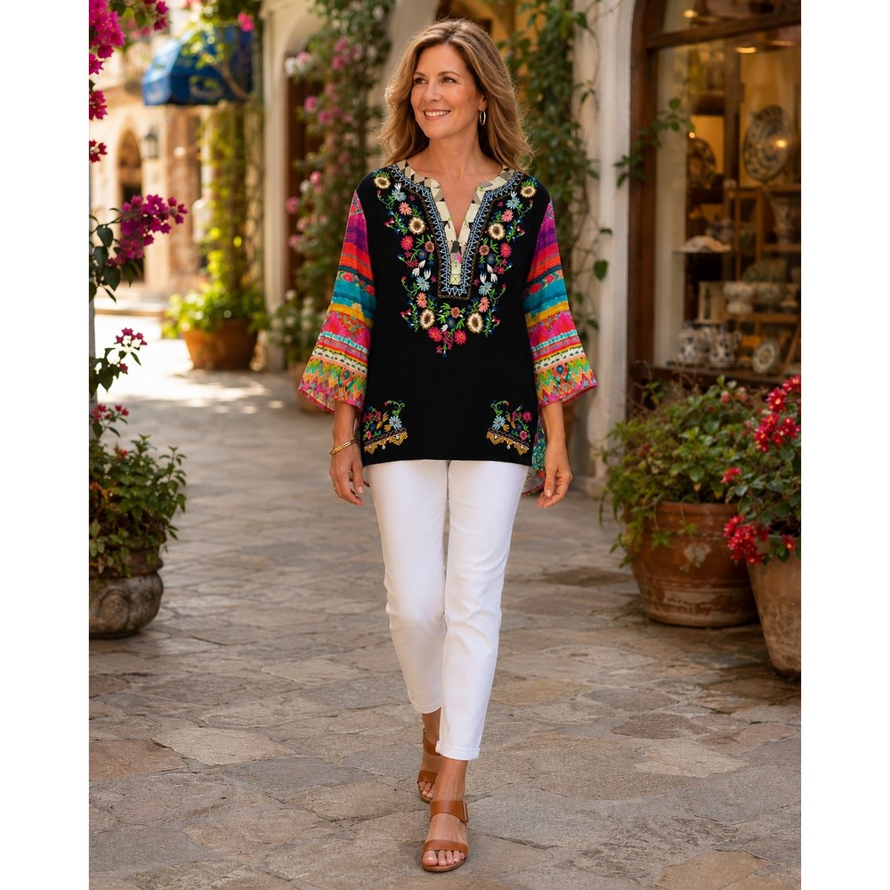 John Mark Embroidered Floral Tunic Top Petite XL Black Multi Boho Bell Sleeve